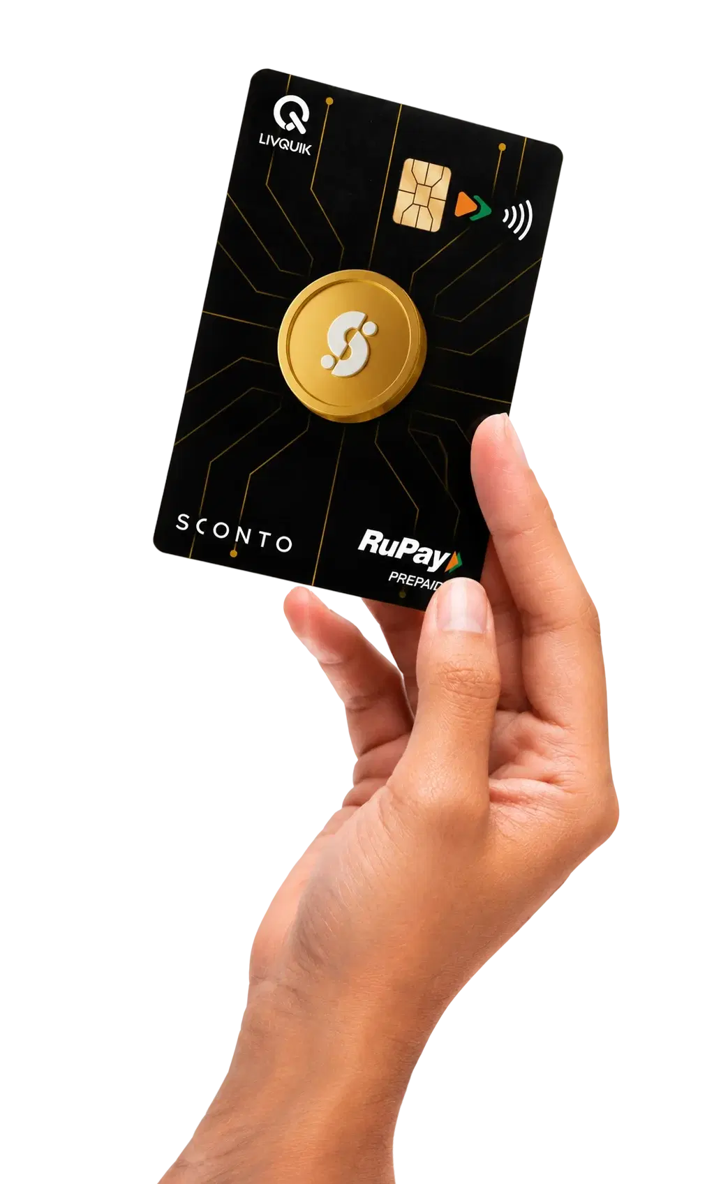A hand holding the black Sconto RuPay prepaid card